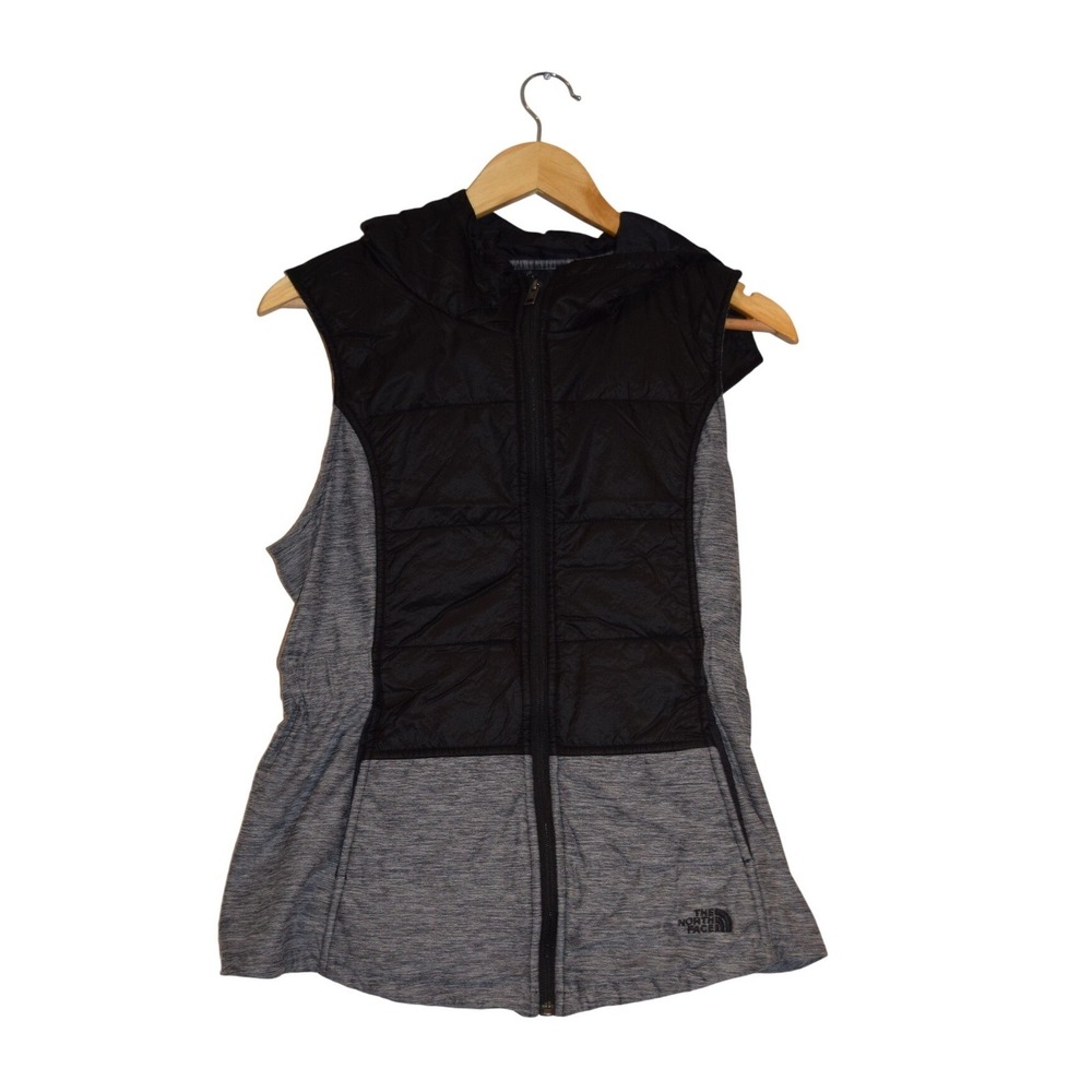 The North Face Womens Hybrid Hooded Vest Black Gray Quilted Insulated Medium